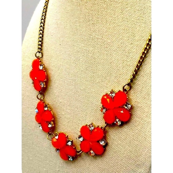 Vintage Orange Flower Statement Necklace With Rhinestones B38 - Picture 4 of 8